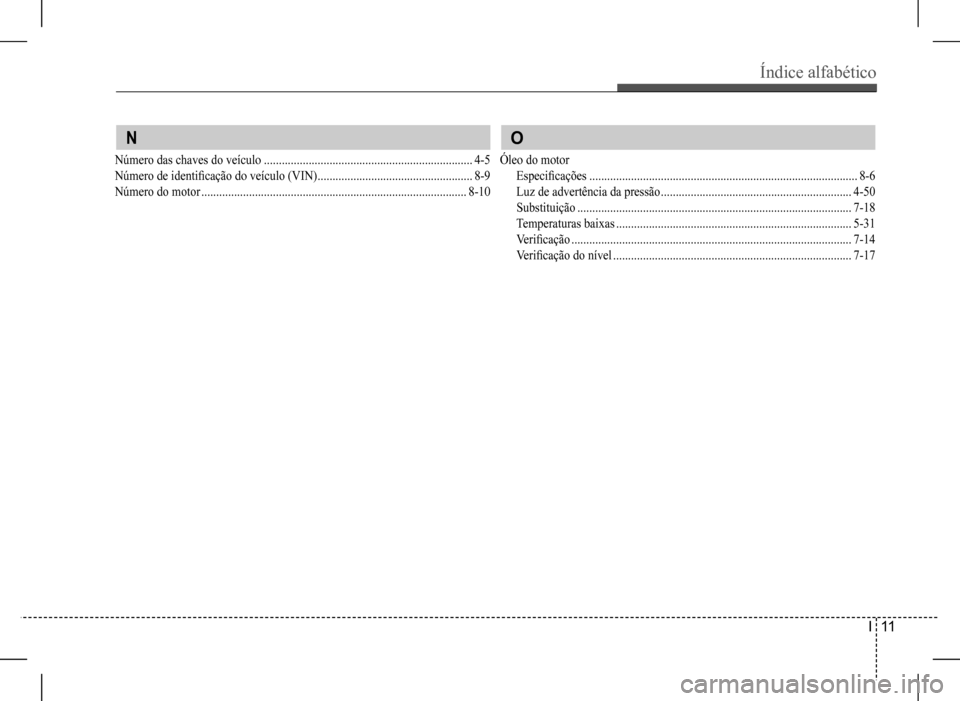 Hyundai HB20 2017 Manual do proprietário (in Portuguese) Índice alfabético
I 11
N
Número das chaves do veículo ......................................................................4-5
Número de identificação do veículo (VIN) ................... Hyundai HB20 2017 Manual do proprietário (in Portuguese) Índice alfabético
I 11
N
Número das chaves do veículo ......................................................................4-5
Número de identificação do veículo (VIN) ...................