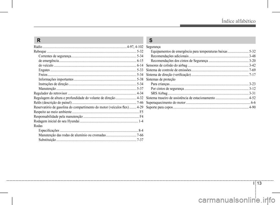Hyundai HB20 2017 Manual do proprietário (in Portuguese) Índice alfabético
I 13
R
Rádio .................................................................................................4-97, 4-102
Reboque .............................................. Hyundai HB20 2017 Manual do proprietário (in Portuguese) Índice alfabético
I 13
R
Rádio .................................................................................................4-97, 4-102
Reboque ..............................................