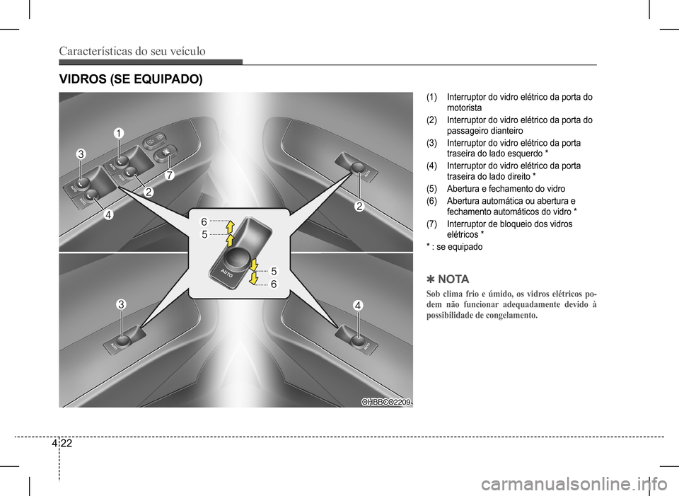 Hyundai HB20 2017  Manual do proprietário (in Portuguese) Características do seu veículo
4 22
(1) Interruptor do vidro elétrico da porta do  
motorista
(2) Interruptor do vidro elétrico da porta do 
passageiro dianteiro
(3) Interruptor do vidro elétrico