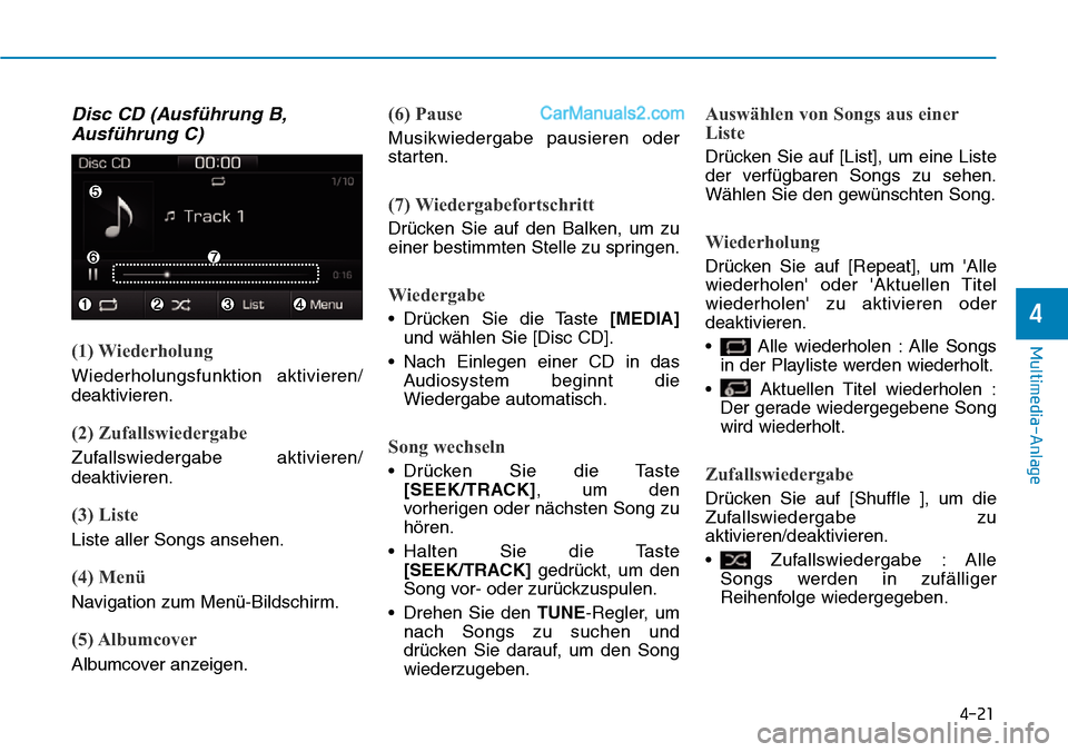 Hyundai Ioniq 2019  Betriebsanleitung (in German) 4-21
Multimedia-Anlage 
4
Disc CD (Ausführung B,Ausführung C)
(1) Wiederholung
Wiederholungsfunktion aktivieren/
deaktivieren.
(2) Zufallswiedergabe
Zufallswiedergabe aktivieren/
deaktivieren.
(3) L
