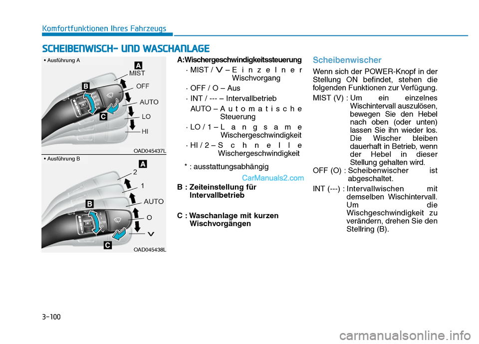 Hyundai Ioniq 2018  Betriebsanleitung (in German) 3-100
Komfortfunktionen Ihres FahrzeugsA:Wischergeschwindigkeitssteuerung· MIST / 
V– EinzelnerWischvorgang
· OFF / O – Aus
· INT / --- – Intervallbetrieb AUTO – Automatische Steuerung
· L