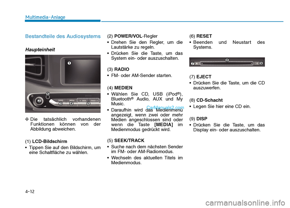 Hyundai Ioniq 2018  Betriebsanleitung (in German) 4-12
Multimedia-Anlage 
Bestandteile des Audiosystems
Haupteinheit
❈Die tatsächlich vorhandenen
Funktionen können von der
Abbildung abweichen.
(1)  LCD-Bildschirm
• Tippen Sie auf den Bildschirm