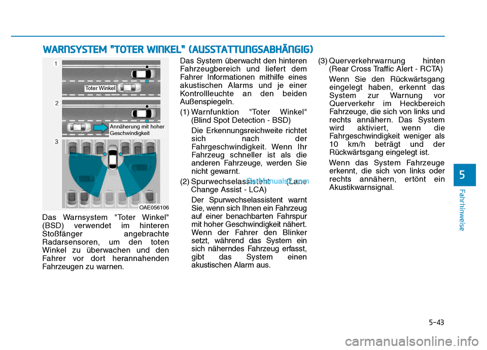Hyundai Ioniq 2018 Betriebsanleitung (in German) 5-43
Fahrhinweise
5
Das Warnsystem "Toter Winkel"
(BSD) verwendet im hinteren
Stoßfänger angebrachte
Radarsensoren, um den toten
Winkel zu überwachen und den
Fahrer vor dort herannahenden
Fahrzeuge Hyundai Ioniq 2018 Betriebsanleitung (in German) 5-43
Fahrhinweise
5
Das Warnsystem "Toter Winkel"
(BSD) verwendet im hinteren
Stoßfänger angebrachte
Radarsensoren, um den toten
Winkel zu überwachen und den
Fahrer vor dort herannahenden
Fahrzeuge