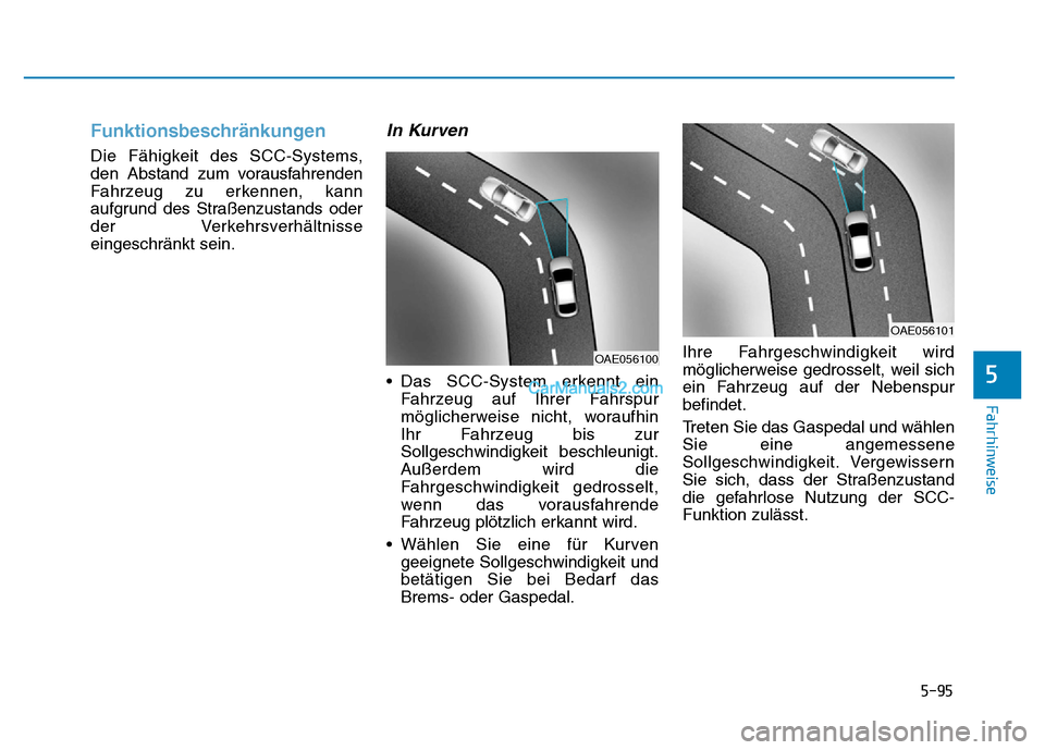 Hyundai Ioniq 2018  Betriebsanleitung (in German) 5-95
Fahrhinweise
5
Funktionsbeschränkungen
Die Fähigkeit des SCC-Systems,
den Abstand zum vorausfahrenden
Fahrzeug zu erkennen, kann
aufgrund des Straßenzustands oder
der Verkehrsverhältnisse
ein