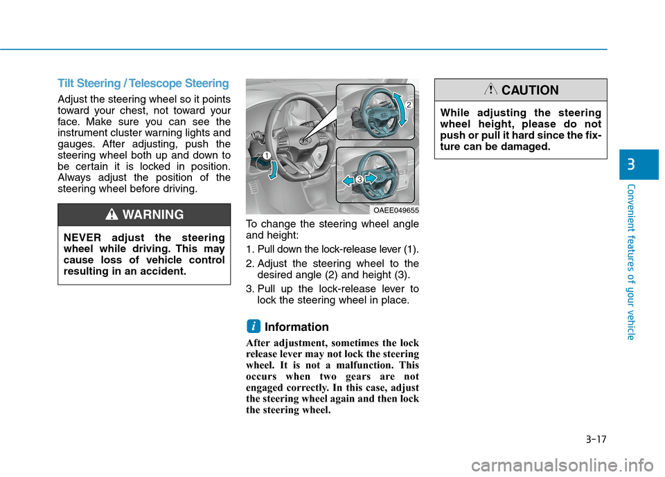 Hyundai Ioniq Electric 2020 Owners Manual 3-17
Convenient features of your vehicle
3
Tilt Steering / Telescope Steering
Adjust the steering wheel so it points
toward your chest, not toward your
face. Make sure you can see the
instrument clust Hyundai Ioniq Electric 2020 Owners Manual 3-17
Convenient features of your vehicle
3
Tilt Steering / Telescope Steering
Adjust the steering wheel so it points
toward your chest, not toward your
face. Make sure you can see the
instrument clust