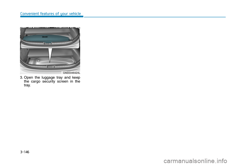 Hyundai Ioniq Electric 2020  Owners Manual 3-146
Convenient features of your vehicle
3. Open the luggage tray and keep
the cargo security screen in the
tray.
OAEE046424L 