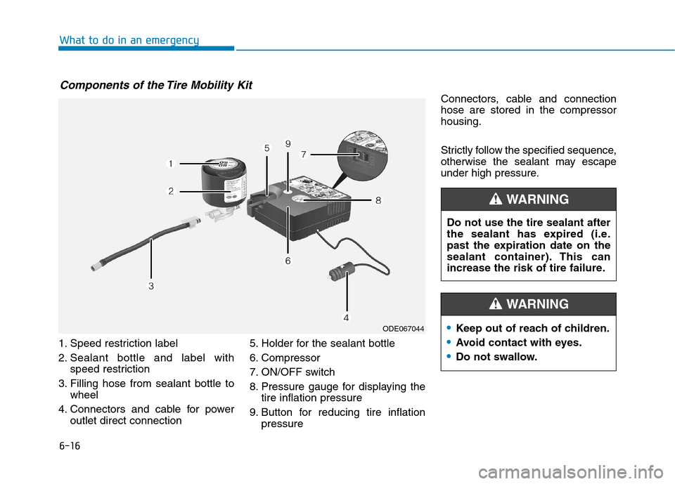 Hyundai Ioniq Electric 2020  Owners Manual 6-16
What to do in an emergency
1. Speed restriction label
2. Sealant bottle and label with
speed restriction
3. Filling hose from sealant bottle to
wheel
4. Connectors and cable for power
outlet dire