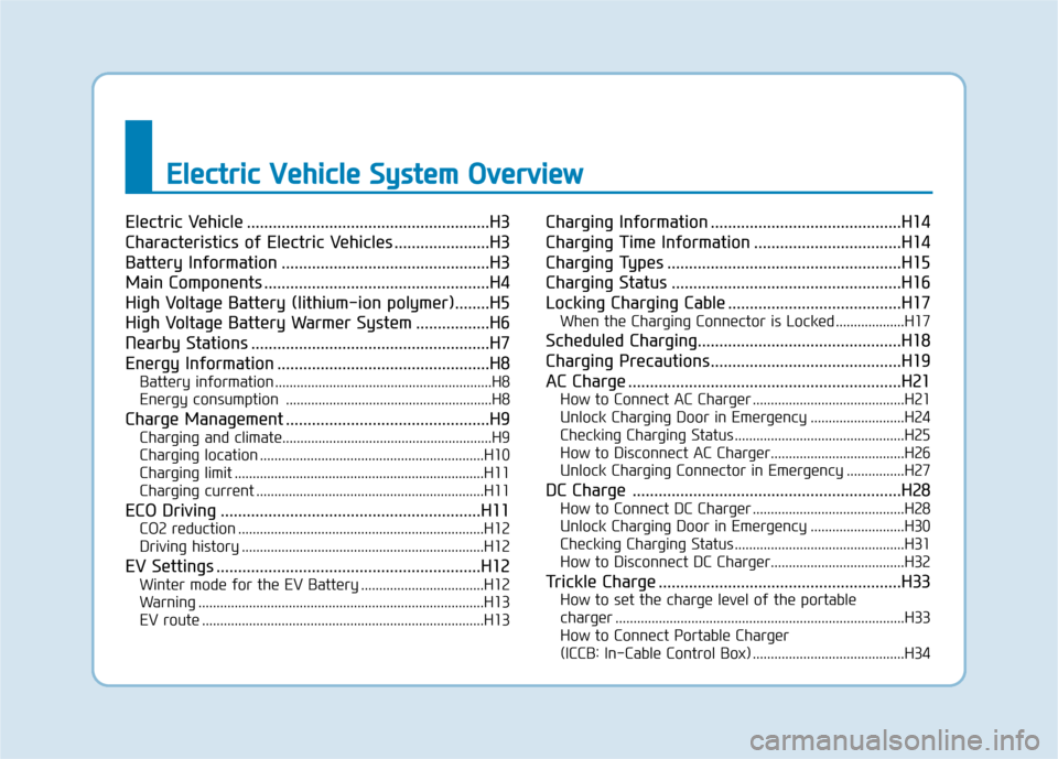 Hyundai Ioniq Electric 2020 Owners Manual E El
le
ec
ct
tr
ri
ic
c
V
Ve
eh
hi
ic
cl
le
e
S
Sy
ys
st
te
em
m
O
Ov
ve
er
rv
vi
ie
ew
w
Electric Vehicle ........................................................H3
Characteristics of Electric Hyundai Ioniq Electric 2020 Owners Manual E El
le
ec
ct
tr
ri
ic
c
V
Ve
eh
hi
ic
cl
le
e
S
Sy
ys
st
te
em
m
O
Ov
ve
er
rv
vi
ie
ew
w
Electric Vehicle ........................................................H3
Characteristics of Electric