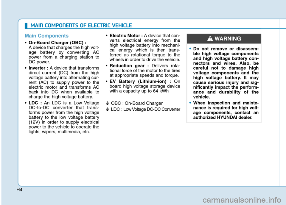 Hyundai Ioniq Electric 2020 Owners Manual H4
Main Components
On-Board Charger (OBC) :
A device that charges the high volt-
age battery by converting AC
power from a charging station to
DC power.
• Inverter :A device that transforms
direct c Hyundai Ioniq Electric 2020 Owners Manual H4
Main Components
On-Board Charger (OBC) :
A device that charges the high volt-
age battery by converting AC
power from a charging station to
DC power.
• Inverter :A device that transforms
direct c