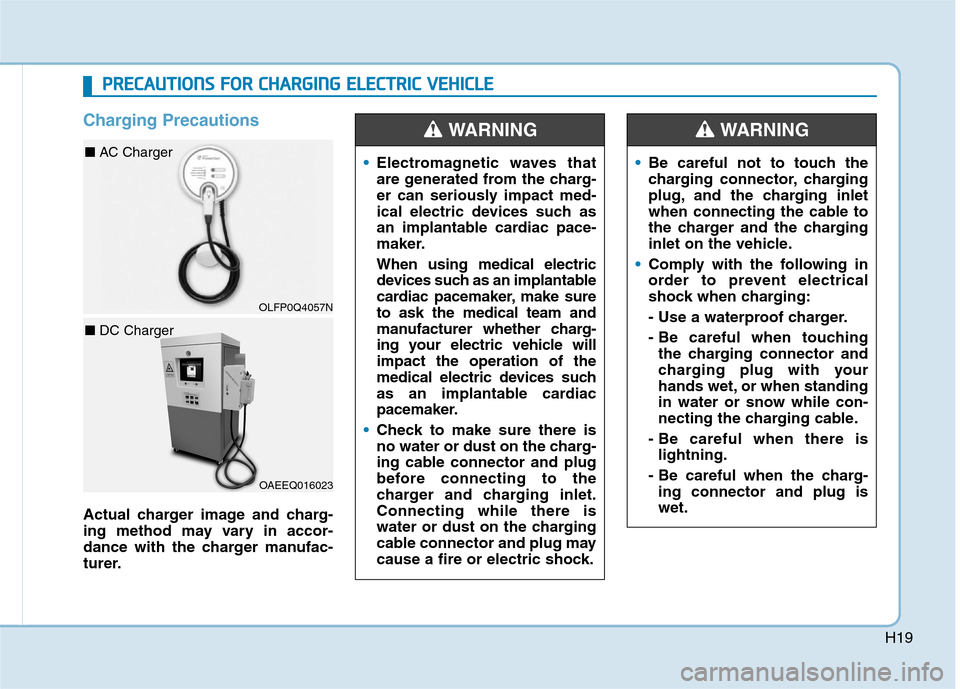 Hyundai Ioniq Electric 2020 Owners Manual H19
Charging Precautions
Actual charger image and charg-
ing method may vary in accor-
dance with the charger manufac-
turer.Electromagnetic waves that
are generated from the charg-
er can seriously i Hyundai Ioniq Electric 2020 Owners Manual H19
Charging Precautions
Actual charger image and charg-
ing method may vary in accor-
dance with the charger manufac-
turer.Electromagnetic waves that
are generated from the charg-
er can seriously i