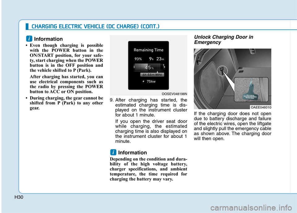 Hyundai Ioniq Electric 2020 Owners Manual H30
C CH
HA
AR
RG
GI
IN
NG
G
E
EL
LE
EC
CT
TR
RI
IC
C
V
VE
EH
HI
IC
CL
LE
E
(
(D
DC
C
C
CH
HA
AR
RG
GE
E)
)
(
(C
CO
ON
NT
T.
.)
)
Information
• Even though charging is possible
with the P Hyundai Ioniq Electric 2020 Owners Manual H30
C CH
HA
AR
RG
GI
IN
NG
G
E
EL
LE
EC
CT
TR
RI
IC
C
V
VE
EH
HI
IC
CL
LE
E
(
(D
DC
C
C
CH
HA
AR
RG
GE
E)
)
(
(C
CO
ON
NT
T.
.)
)
Information
• Even though charging is possible
with the P
