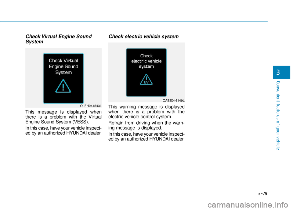 Hyundai Ioniq Electric 2019  Owners Manual 3-79
Convenient features of your vehicle
Check Virtual Engine SoundSystem
This message is displayed when
there is a problem with the Virtual
Engine Sound System (VESS).
In this case, have your vehicle