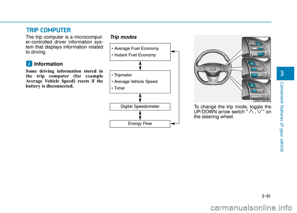 Hyundai Ioniq Electric 2019  Owners Manual 3-91
Convenient features of your vehicle
3
T
TR
R I
IP
P  
 C
C O
O M
M P
PU
U T
TE
ER
R
The trip computer is a microcomput-
er-controlled driver information sys-
tem that displays information related