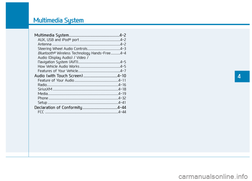 Hyundai Ioniq Electric 2019 Owners Manual Multimedia System
Multimedia System.................................................4-2
AUX, USB and iPod®port ...............................................4-2
Antenna ............................. Hyundai Ioniq Electric 2019 Owners Manual Multimedia System
Multimedia System.................................................4-2
AUX, USB and iPod®port ...............................................4-2
Antenna .............................