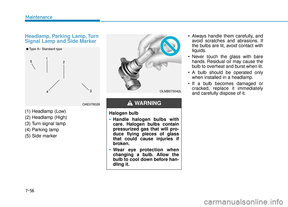 Hyundai Ioniq Electric 2019  Owners Manual 7-56
Maintenance
Headlamp, Parking Lamp, Turn
Signal Lamp and Side Marker
(1) Headlamp (Low)
(2) Headlamp (High)
(3) Turn signal lamp
(4) Parking lamp
(5) Side marker Always handle them carefully, and