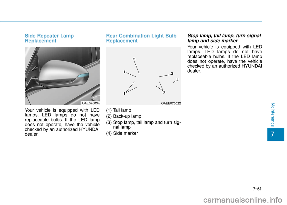 Hyundai Ioniq Electric 2019  Owners Manual 7-61
7
Maintenance
Side Repeater Lamp
Replacement
Your vehicle is equipped with LED
lamps. LED lamps do not have
replaceable bulbs. If the LED lamp
does not operate, have the vehicle
checked by an aut