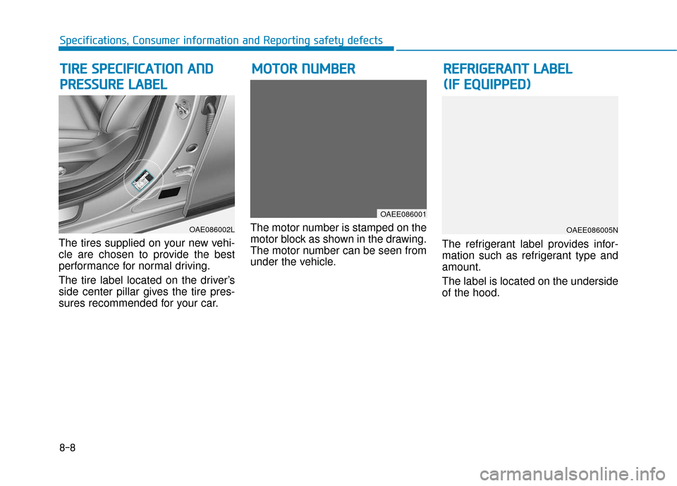 Hyundai Ioniq Electric 2019  Owners Manual 8-8
Specifications, Consumer information and Reporting safety defects
The tires supplied on your new vehi-
cle are chosen to provide the best
performance for normal driving.
The tire label located on 