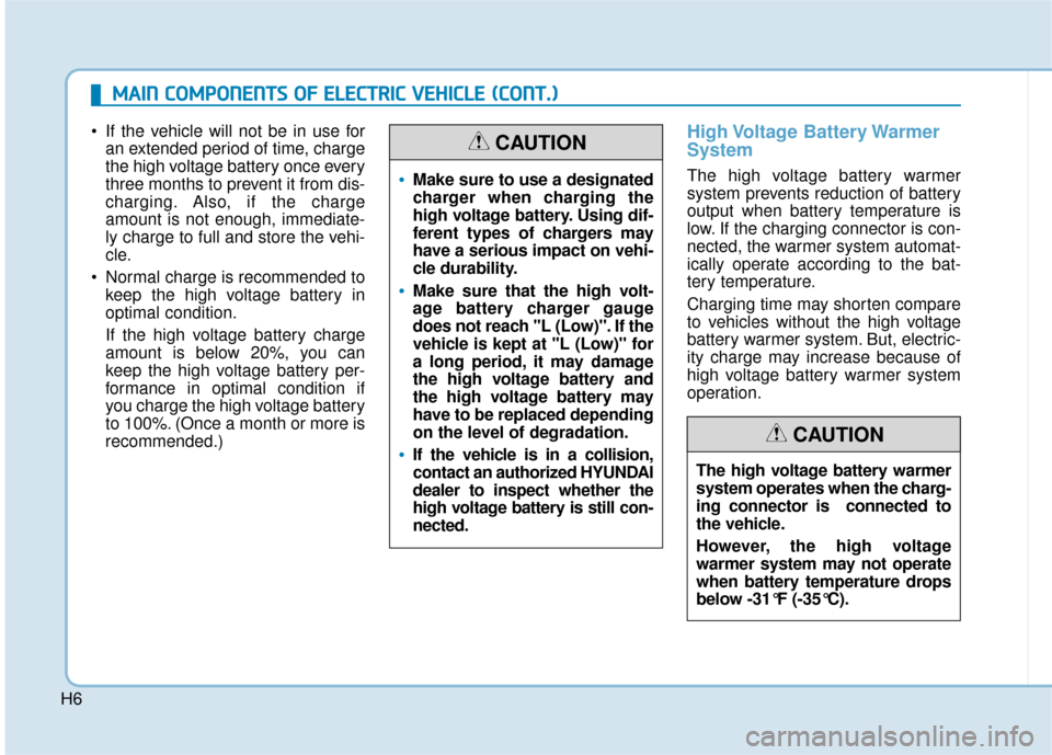 Hyundai Ioniq Electric 2019 Owners Manual H6
If the vehicle will not be in use foran extended period of time, charge
the high voltage battery once every
three months to prevent it from dis-
charging. Also, if the charge
amount is not enough, Hyundai Ioniq Electric 2019 Owners Manual H6
If the vehicle will not be in use foran extended period of time, charge
the high voltage battery once every
three months to prevent it from dis-
charging. Also, if the charge
amount is not enough,