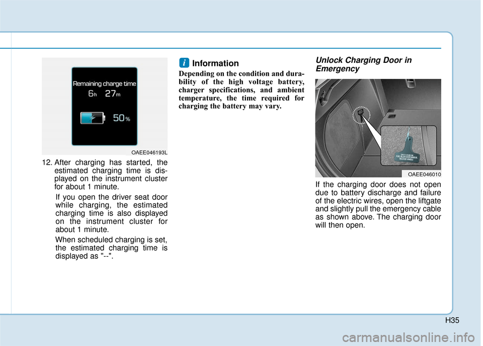 Hyundai Ioniq Electric 2019  Owners Manual H35
12. After charging has started, theestimated charging time is dis-
played on the instrument cluster
for about 1 minute.
If you open the driver seat door
while charging, the estimated
charging time