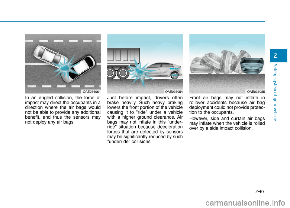 Hyundai Ioniq Electric 2019  Owners Manual 2-67
Safety system of your vehicle
2
In an angled collision, the force of
impact may direct the occupants in a
direction where the air bags would
not be able to provide any additional
benefit, and thu