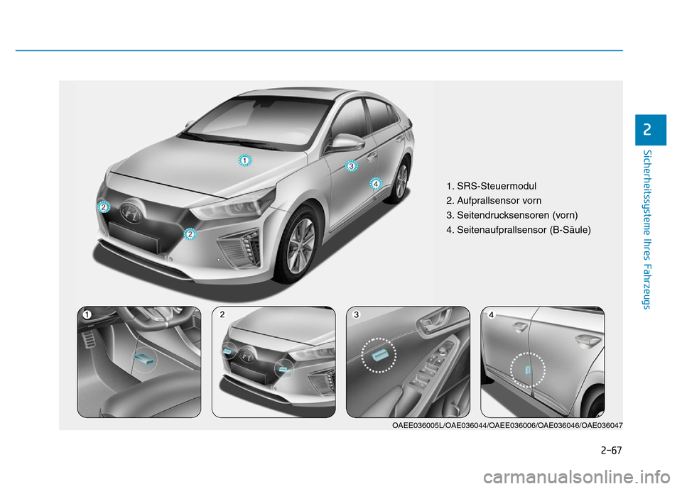 Hyundai Ioniq Electric 2019  Betriebsanleitung 2-67
Sicherheitssysteme Ihres Fahrzeugs
2
1. SRS-Steuermodul
2. Aufprallsensor vorn
3. Seitendrucksensoren (vorn)
4. Seitenaufprallsensor (B-Säule)
OAEE036005L/OAE036044/OAEE036006/OAE036046/OAE03604