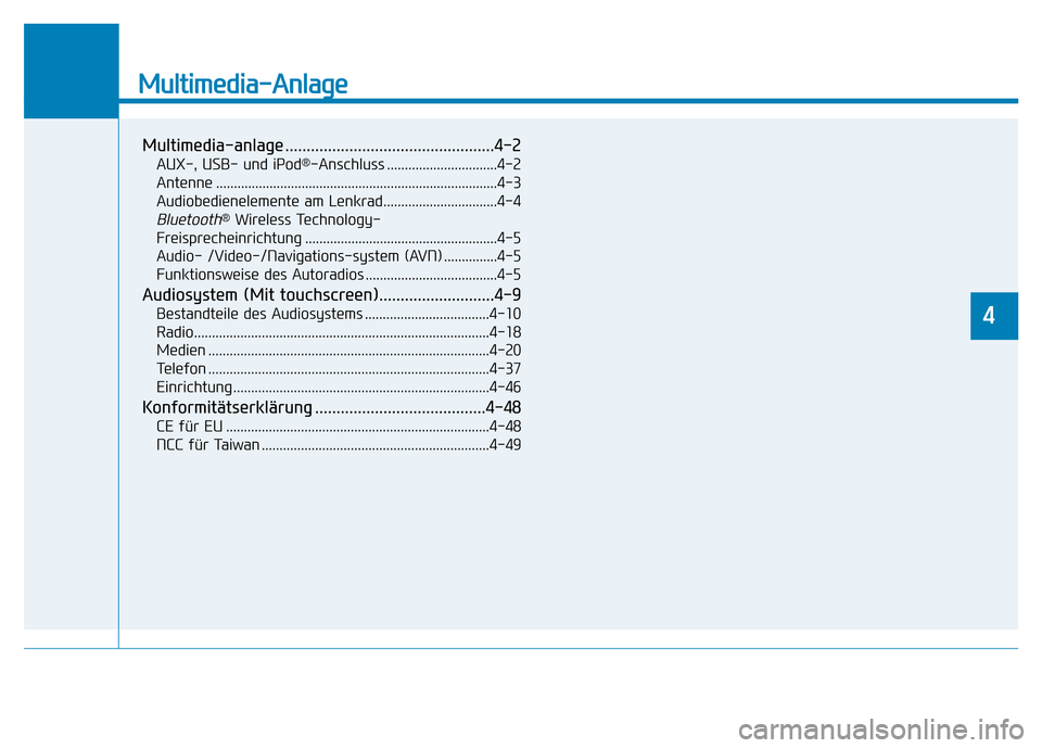 Hyundai Ioniq Electric 2019 Betriebsanleitung Multimedia-Anlage
Multimedia-anlage .................................................4-2
AUX-, USB- und iPod®-Anschluss ...............................4-2
Antenne ................................... Hyundai Ioniq Electric 2019 Betriebsanleitung Multimedia-Anlage
Multimedia-anlage .................................................4-2
AUX-, USB- und iPod®-Anschluss ...............................4-2
Antenne ...................................
