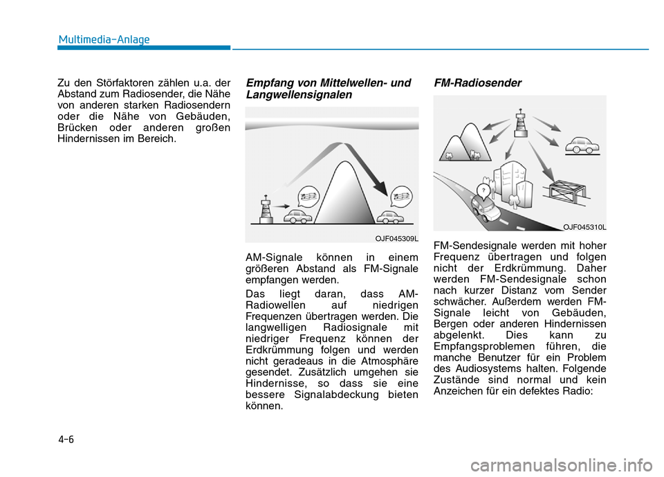 Hyundai Ioniq Electric 2019 Betriebsanleitung 4-6
Multimedia-Anlage
Zu den Störfaktoren zählen u.a. der
Abstand zum Radiosender, die Nähe
von anderen starken Radiosendern
oder die Nähe von Gebäuden,
Brücken oder anderen großen
Hindernisse Hyundai Ioniq Electric 2019 Betriebsanleitung 4-6
Multimedia-Anlage
Zu den Störfaktoren zählen u.a. der
Abstand zum Radiosender, die Nähe
von anderen starken Radiosendern
oder die Nähe von Gebäuden,
Brücken oder anderen großen
Hindernisse