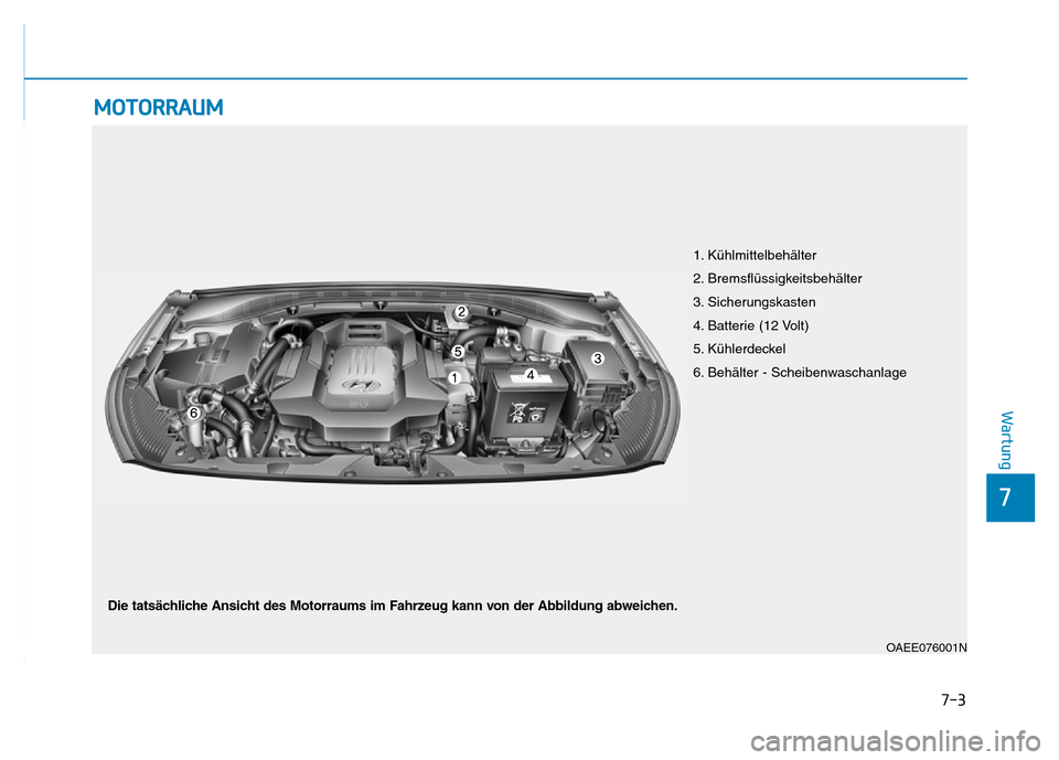 Hyundai Ioniq Electric 2019  Betriebsanleitung 7-3
7
Wartung
MOTORRAUM
OAEE076001N
1. Kühlmittelbehälter
2. Bremsflüssigkeitsbehälter
3. Sicherungskasten
4. Batterie (12 Volt)
5. Kühlerdeckel
6. Behälter - Scheibenwaschanlage
Die tatsächlic