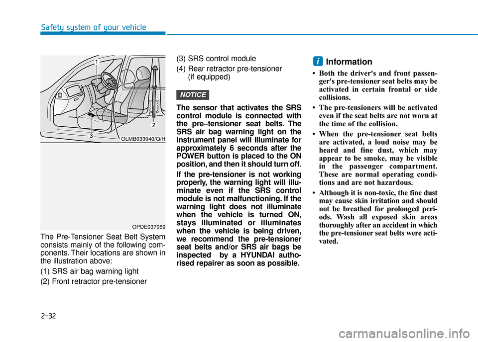 Hyundai Ioniq Electric 2019  Owners Manual - RHD (UK, Australia) 2-32
Safety system of your vehicle
The Pre-Tensioner Seat Belt System
consists mainly of the following com-
ponents. Their locations are shown in
the illustration above:
(1) SRS air bag warning light
