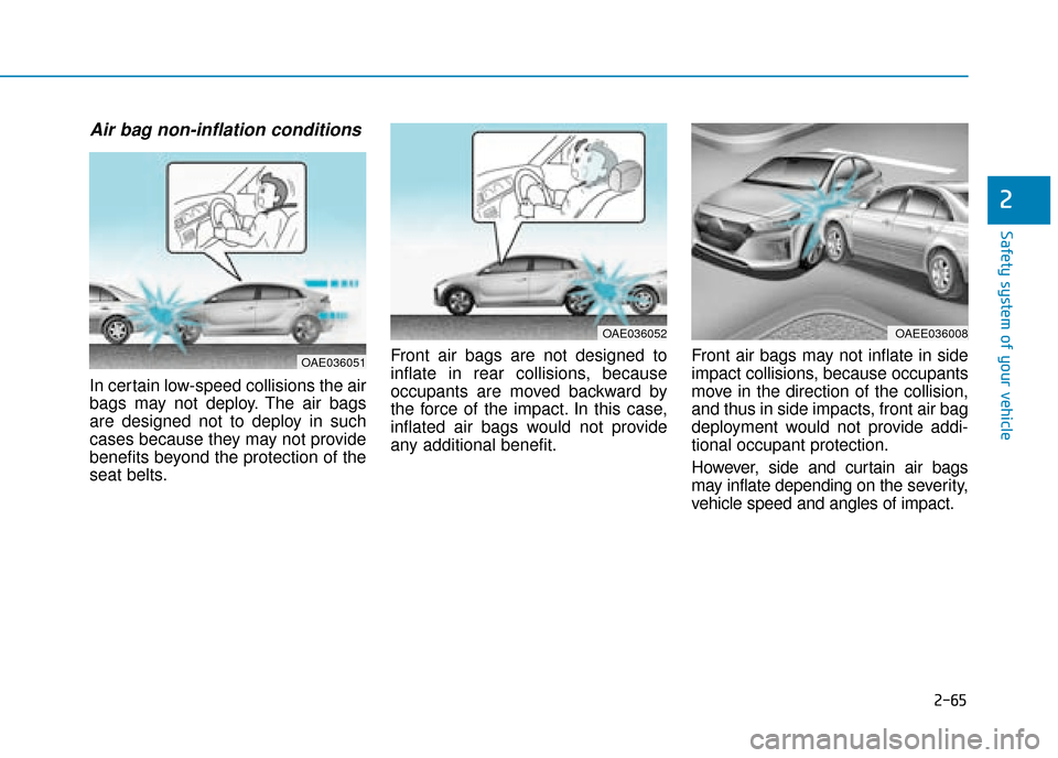 Hyundai Ioniq Electric 2019  Owners Manual - RHD (UK, Australia) 2-65
Safety system of your vehicle
2
Air bag non-inflation conditions 
In certain low-speed collisions the air
bags may not deploy. The air bags
are designed not to deploy in such
cases because they m