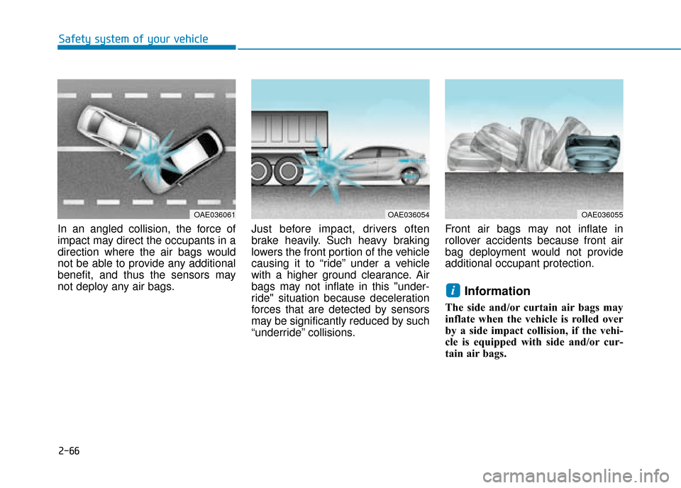 Hyundai Ioniq Electric 2019  Owners Manual - RHD (UK, Australia) 2-66
Safety system of your vehicle
In an angled collision, the force of
impact may direct the occupants in a
direction where the air bags would
not be able to provide any additional
benefit, and thus 
