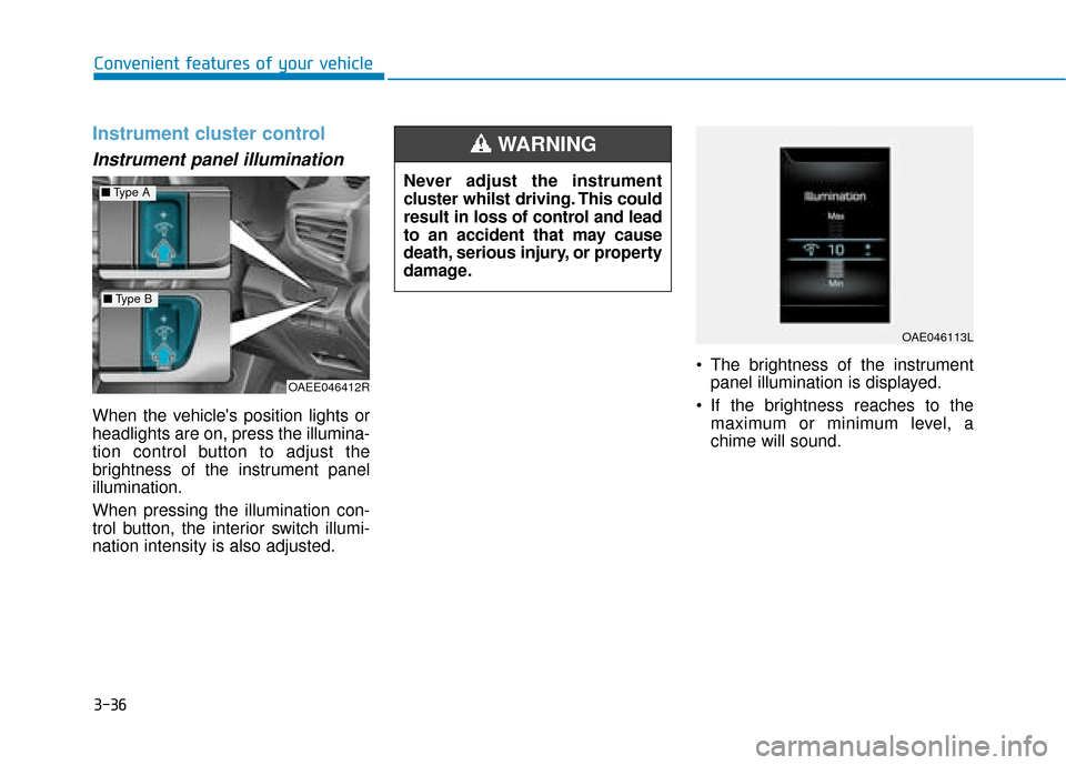 Hyundai Ioniq Electric 2019  Owners Manual - RHD (UK, Australia) 3-36
Convenient features of your vehicle
Instrument cluster control
Instrument panel illumination 
When the vehicles position lights or
headlights are on, press the illumina-
tion control button to a