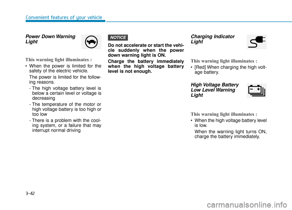 Hyundai Ioniq Electric 2019  Owners Manual - RHD (UK, Australia) 3-42
Convenient features of your vehicle
Power Down WarningLight
This warning light illuminates :
 When the power is limited for the
safety of the electric vehicle.
The power is limited for the follow