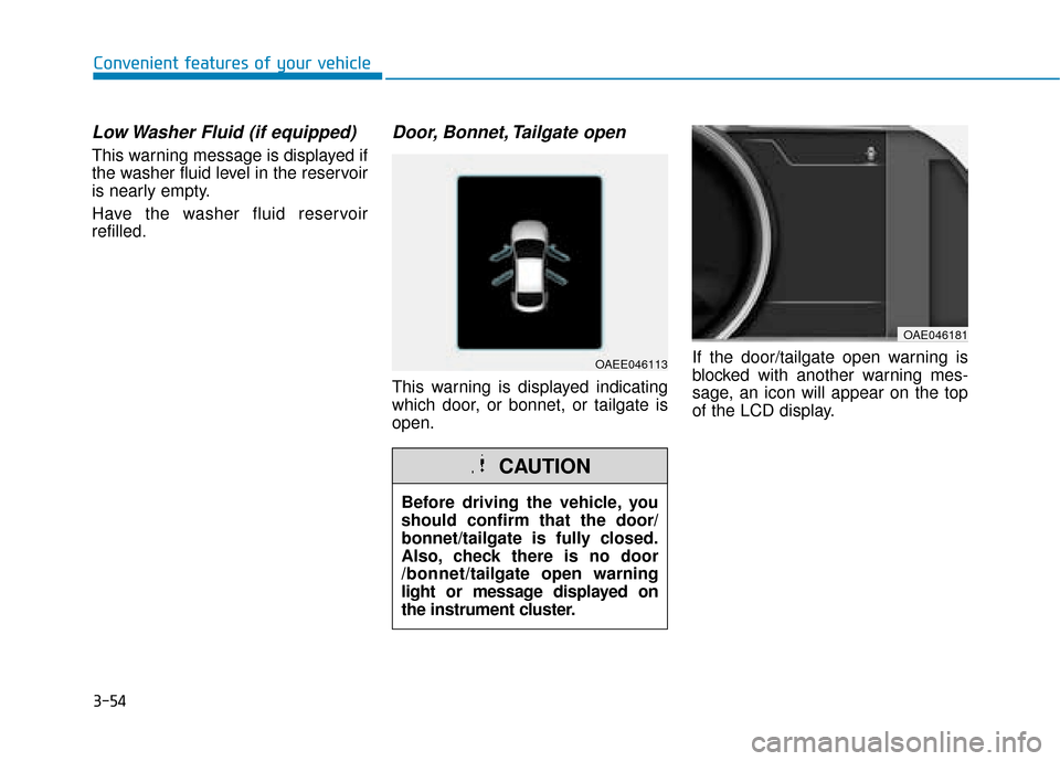 Hyundai Ioniq Electric 2019  Owners Manual - RHD (UK, Australia) 3-54
Convenient features of your vehicle
Low Washer Fluid (if equipped)
This warning message is displayed if
the washer fluid level in the reservoir
is nearly empty.
Have the washer fluid reservoir
re