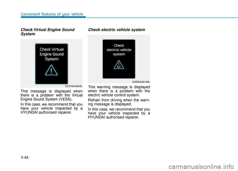 Hyundai Ioniq Electric 2019  Owners Manual - RHD (UK, Australia) 3-64
Convenient features of your vehicle
Check Virtual Engine SoundSystem
This message is displayed when
there is a problem with the Virtual
Engine Sound System (VESS).
In this case, we recommend that