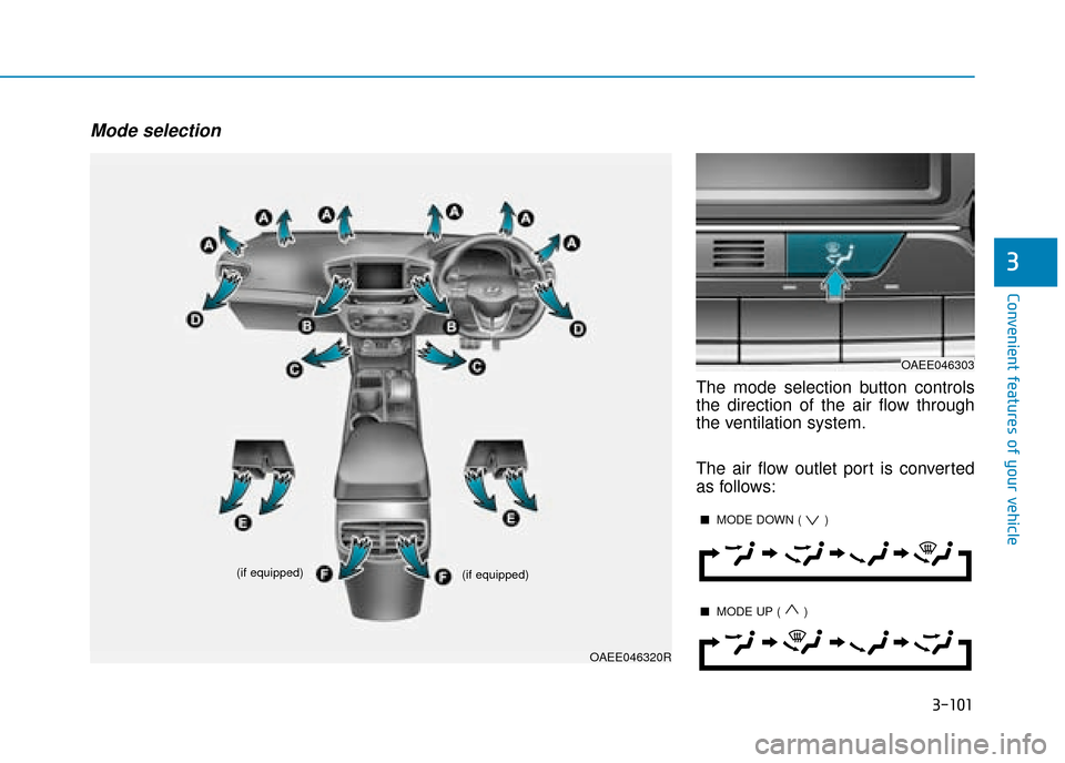 Hyundai Ioniq Electric 2019  Owners Manual - RHD (UK, Australia) 3-101
Convenient features of your vehicle
3
Mode selection
The mode selection button controls
the direction of the air flow through
the ventilation system.
The air flow outlet port is converted
as fol