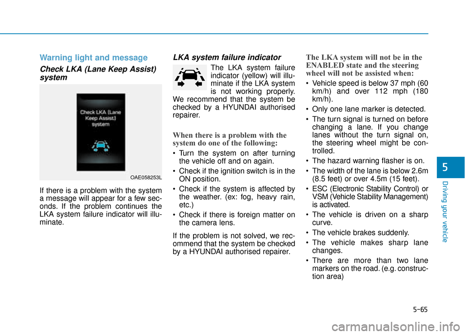 Hyundai Ioniq Electric 2019  Owners Manual - RHD (UK, Australia) 5-65
Driving your vehicle
5
Warning light and message
Check LKA (Lane Keep Assist)system
If there is a problem with the system
a message will appear for a few sec-
onds. If the problem continues the
L