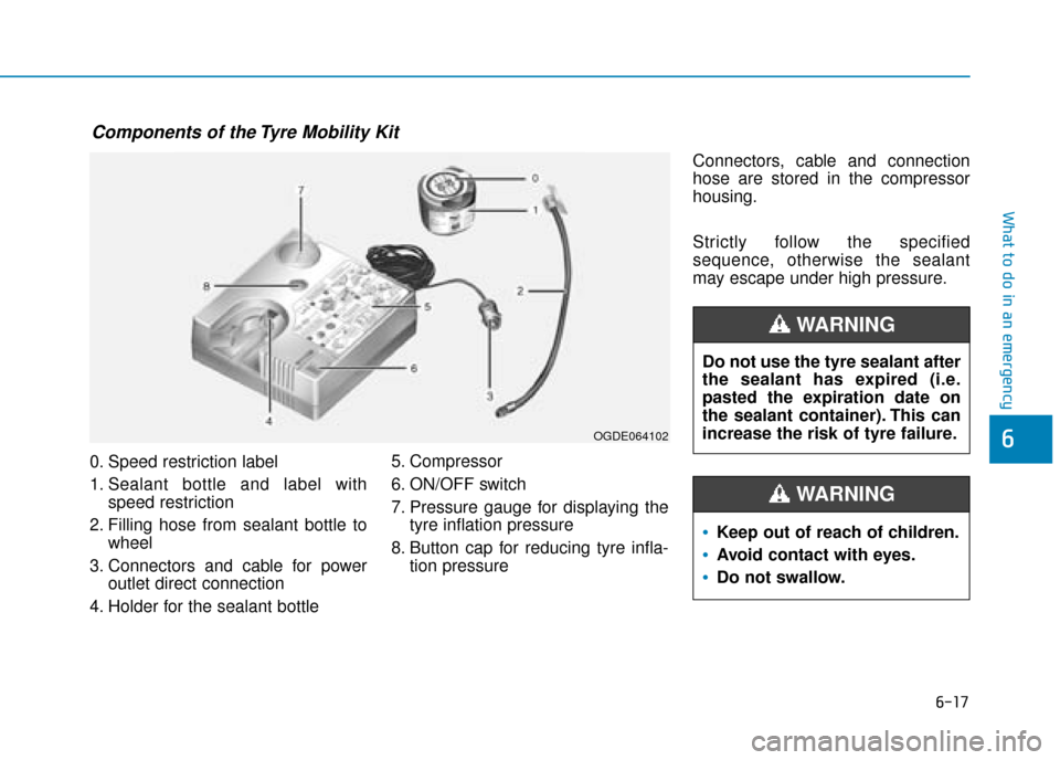 Hyundai Ioniq Electric 2019  Owners Manual - RHD (UK, Australia) 6-17
What to do in an emergency
6
0. Speed restriction label
1. Sealant bottle and label withspeed restriction
2. Filling hose from sealant bottle to wheel
3. Connectors and cable for power outlet dir