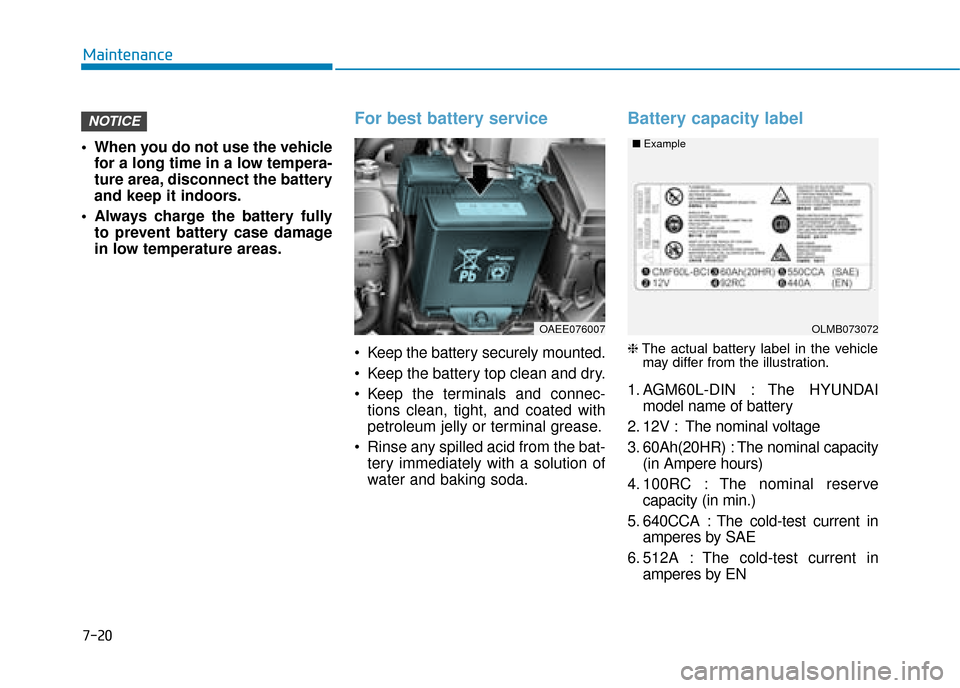 Hyundai Ioniq Electric 2019  Owners Manual - RHD (UK, Australia) 7-20
Maintenance
 When you do not use the vehicle for a long time in a low tempera-
ture area, disconnect the battery
and keep it indoors.
 Always charge the battery fully to prevent battery case dama