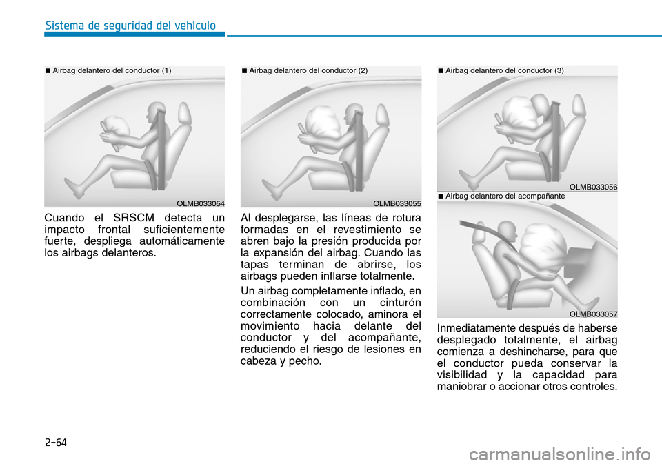Hyundai Ioniq Electric 2019  Manual del propietario (in Spanish) 2-64
Sistema de seguridad del vehículo
Cuando el SRSCM detecta un
impacto frontal suficientemente
fuerte, despliega automáticamente
los airbags delanteros.Al desplegarse, las líneas de rotura
forma