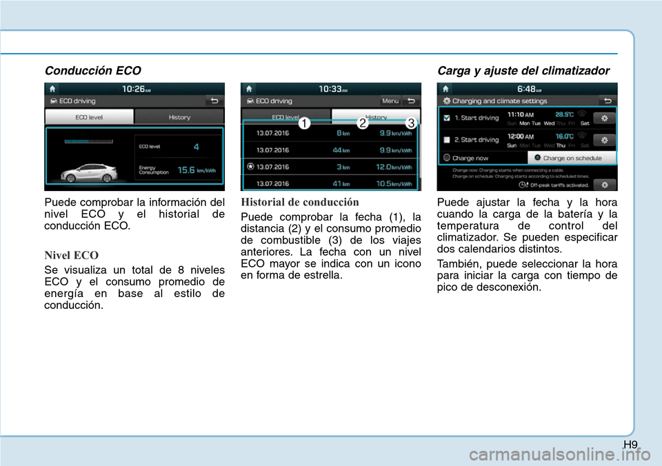 Hyundai Ioniq Electric 2019  Manual del propietario (in Spanish) H9
Conducción ECO
Puede comprobar la información del
nivel ECO y el historial de
conducción ECO.
Nivel ECO
Se visualiza un total de 8 niveles
ECO y el consumo promedio de
energía en base al estilo