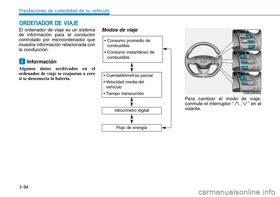 Hyundai Ioniq Electric 2019  Manual del propietario (in Spanish) 3-84
Prestaciones de comodidad de su vehículo 
ORDENADOR DE VIAJE
El ordenador de viaje es un sistema
de información para el conductor
controlado por microordenador que
muestra información relacion