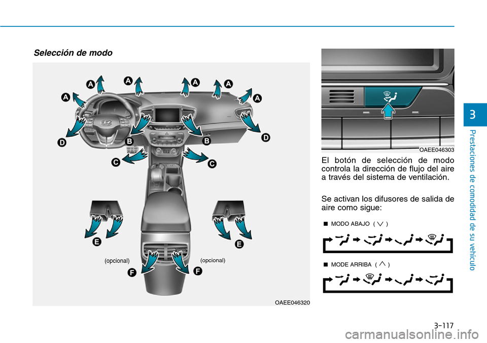 Hyundai Ioniq Electric 2019  Manual del propietario (in Spanish) 3-117
Prestaciones de comodidad de su vehículo 
3
El botón de selección de modo
controla la dirección de flujo del aire
a través del sistema de ventilación.
Se activan los difusores de salida de