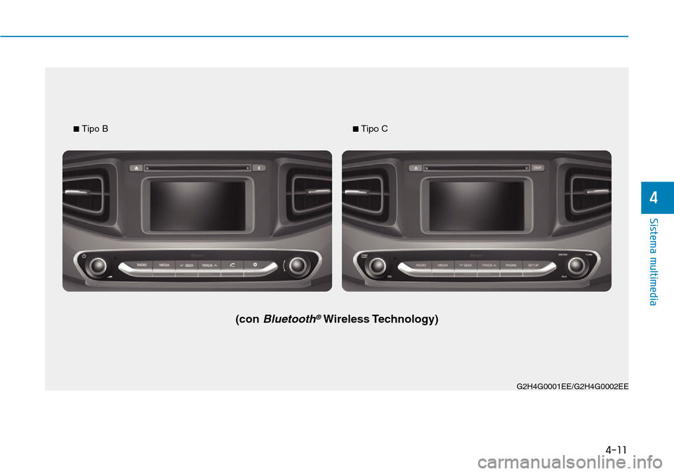 Hyundai Ioniq Electric 2019  Manual del propietario (in Spanish) 4-11
Sistema multimedia
4
G2H4G0001EE/G2H4G0002EE ■ 
Tipo B
(con Bluetooth®Wireless Technology)
■ Tipo C 