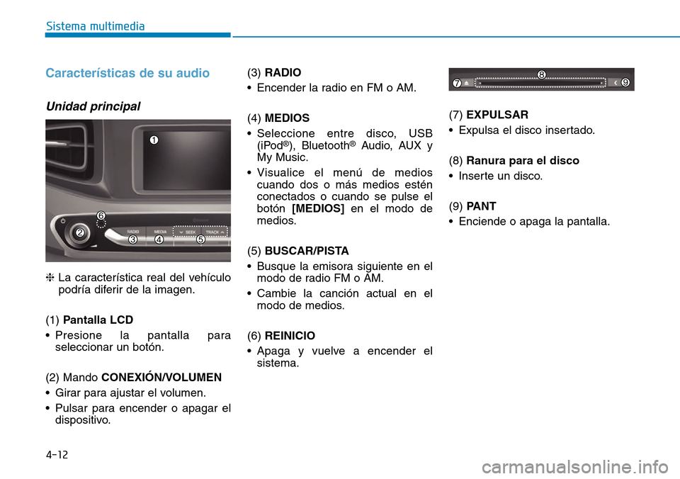 Hyundai Ioniq Electric 2019  Manual del propietario (in Spanish) 4-12
Sistema multimedia
Características de su audio
Unidad principal
❈La característica real del vehículo
podría diferir de la imagen.
(1) Pantalla LCD
• Presione la pantalla para
seleccionar 