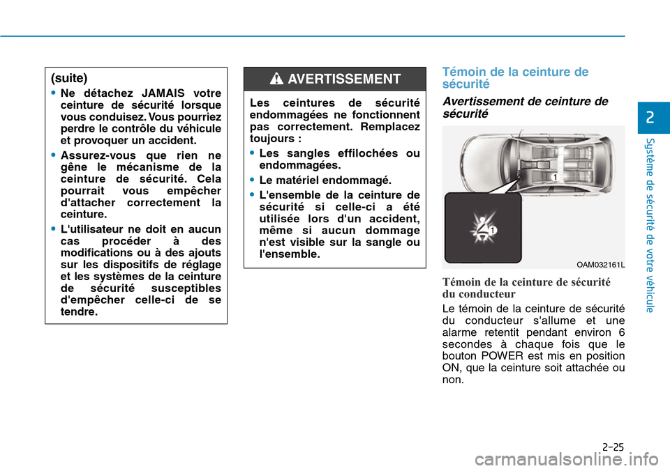 Hyundai Ioniq Electric 2019 Manuel du propriétaire (in French) 2-25
Système de sécurité de votre véhicule
2
Témoin de la ceinture de
sécurité
Avertissement de ceinture de
sécurité
Témoin de la ceinture de sécurité
du conducteur
Le témoin de la ce Hyundai Ioniq Electric 2019 Manuel du propriétaire (in French) 2-25
Système de sécurité de votre véhicule
2
Témoin de la ceinture de
sécurité
Avertissement de ceinture de
sécurité
Témoin de la ceinture de sécurité
du conducteur
Le témoin de la ce
