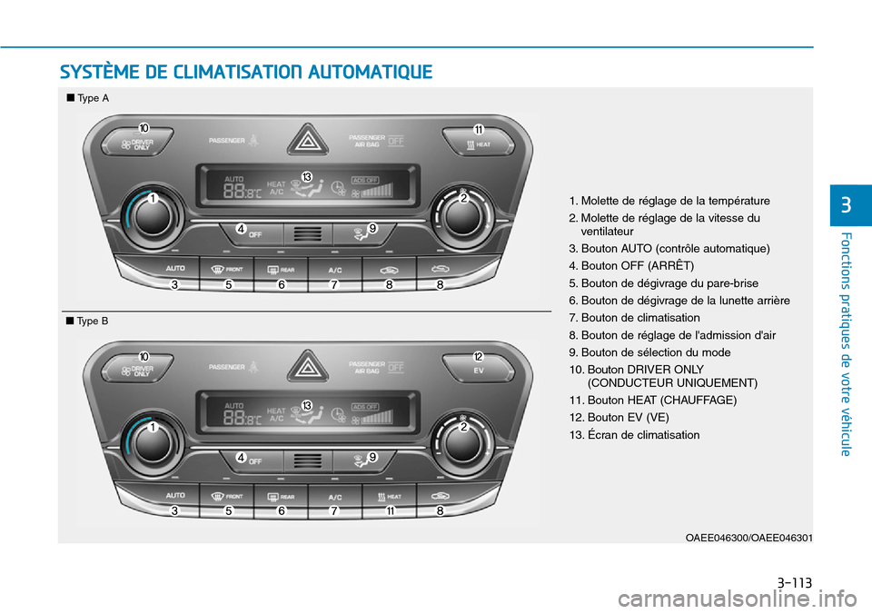 Hyundai Ioniq Electric 2019  Manuel du propriétaire (in French) 3-113
Fonctions pratiques de votre véhicule 
3
SYSTÈME DE CLIMATISATION AUTOMATIQUE
OAEE046300/OAEE046301
1. Molette de réglage de la température
2. Molette de réglage de la vitesse du
ventilateu