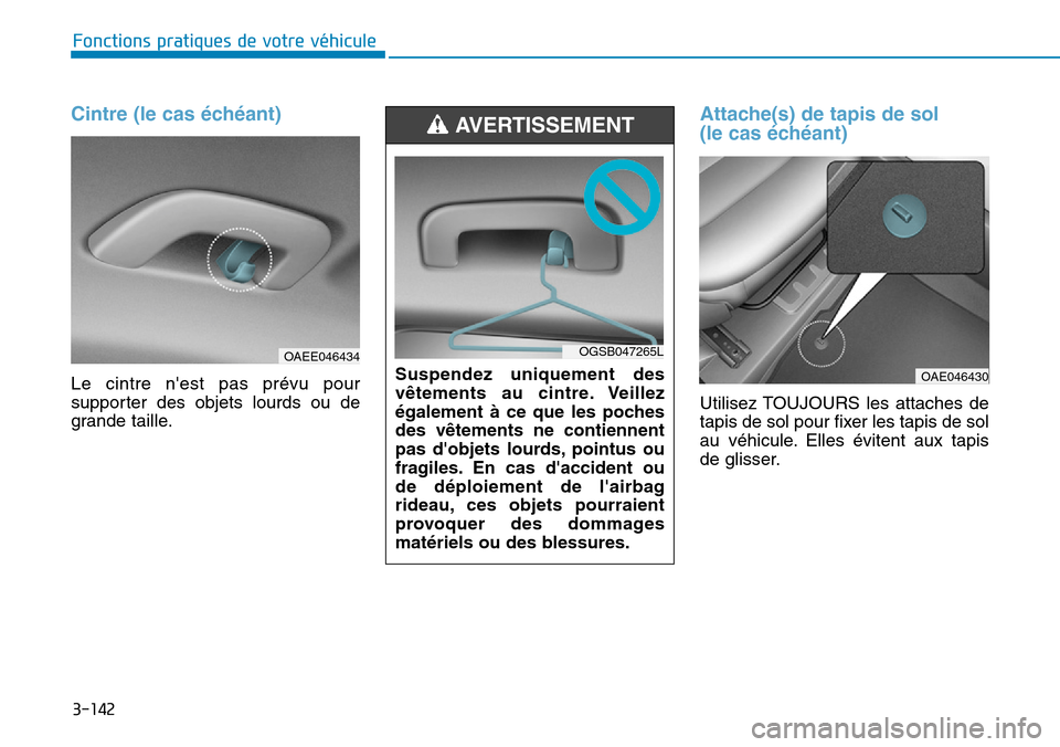Hyundai Ioniq Electric 2019  Manuel du propriétaire (in French) 3-142
Fonctions pratiques de votre véhicule 
Cintre (le cas échéant)
Le cintre nest pas prévu pour
supporter des objets lourds ou de
grande taille.
Attache(s) de tapis de sol 
(le cas échéant) 