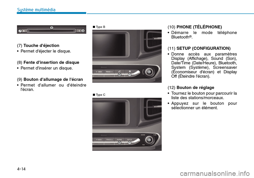 Hyundai Ioniq Electric 2019  Manuel du propriétaire (in French) 4-14
Système multimédia 
(7) Touche déjection
• Permet déjecter le disque.
(8)Fente dinsertion de disque
• Permet dinsérer un disque.
(9) Bouton dallumage de lécran
• Permet dallume
