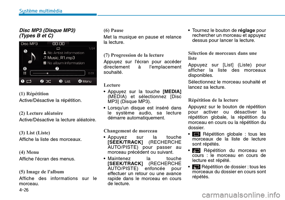 Hyundai Ioniq Electric 2019 Manuel du propriétaire (in French) 4-26
Système multimédia
Disc MP3 (Disque MP3)
(Types B et C)
(1) Répétition
Active/Désactive la répétition.
(2) Lecture aléatoire
Active/Désactive la lecture aléatoire.
(3) List (Liste)
Af Hyundai Ioniq Electric 2019 Manuel du propriétaire (in French) 4-26
Système multimédia
Disc MP3 (Disque MP3)
(Types B et C)
(1) Répétition
Active/Désactive la répétition.
(2) Lecture aléatoire
Active/Désactive la lecture aléatoire.
(3) List (Liste)
Af